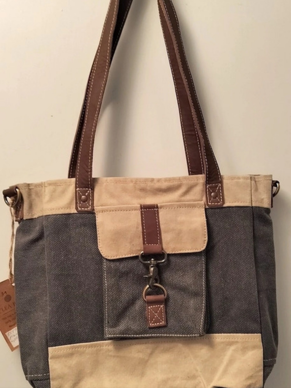 Canvas And Leather Tote Bag in Gray And Beige